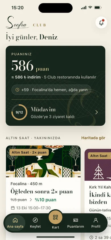 Club ana sayfası: 586 puan, Müdavim seviyesi, yakındaki Altın Saat teklifleri