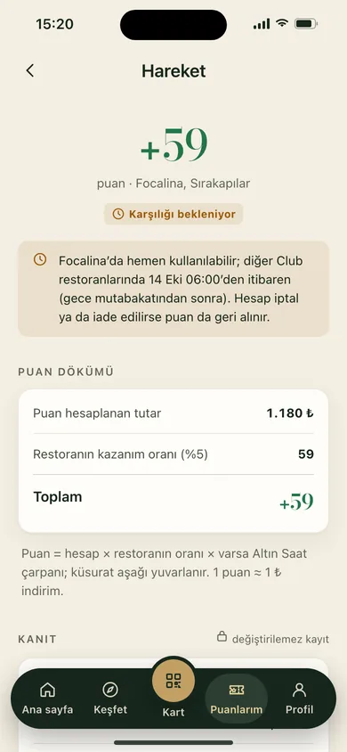 Puan hareketi ve kanıtı: restoran, hesap tutarı, oran