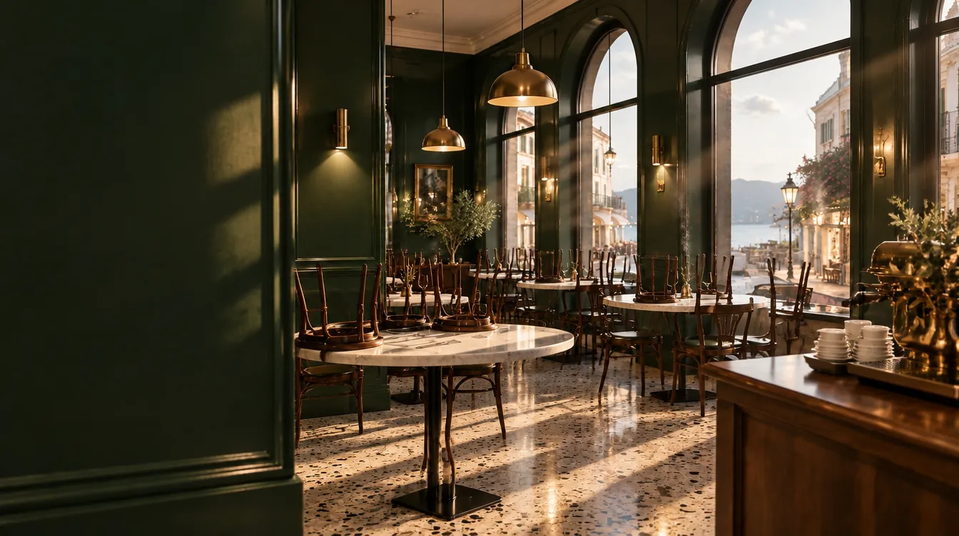 Açılıştan önce sandalyeleri masalara kaldırılmış yeşil duvarlı salon, sabah ışığı